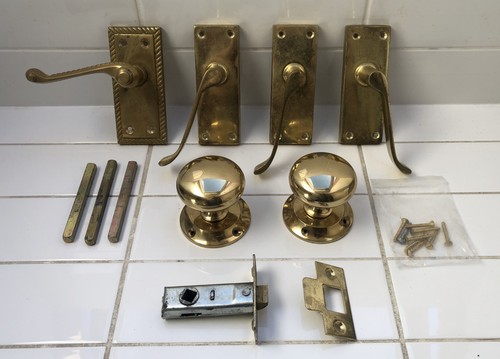 Six brass door handles - six, &